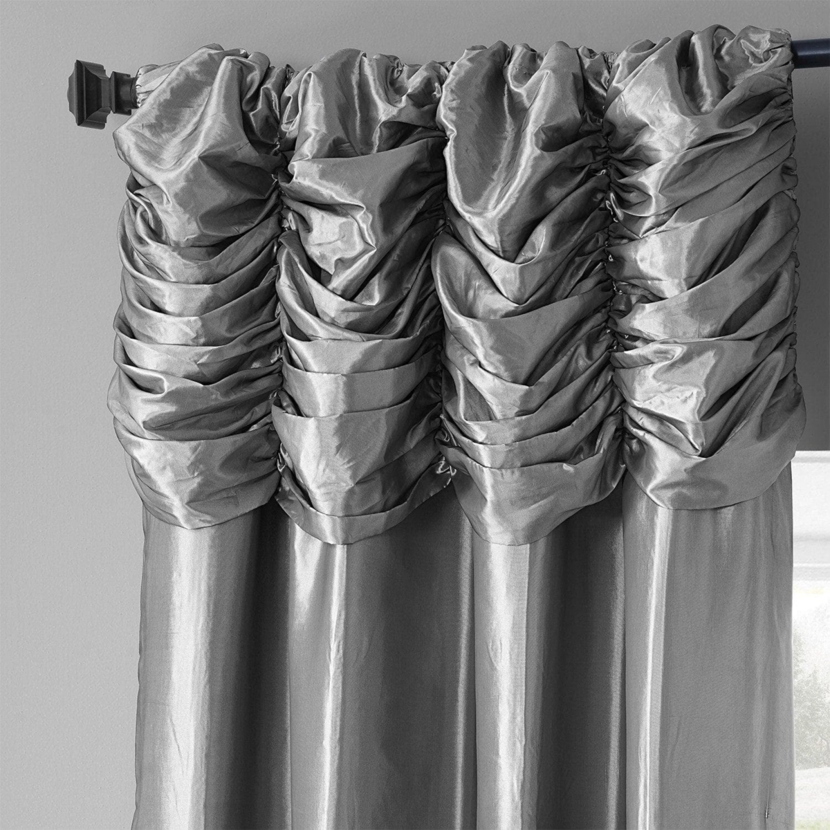 Half Price Drapes Platinum Ruched Solid Faux Silk Taffeta Room Darkening Curtain