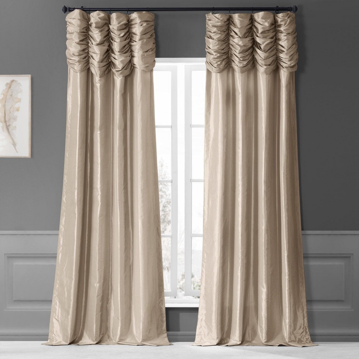 Half Price Drapes Antique Beige Ruched Solid Faux Silk Taffeta Room Darkening Curtain