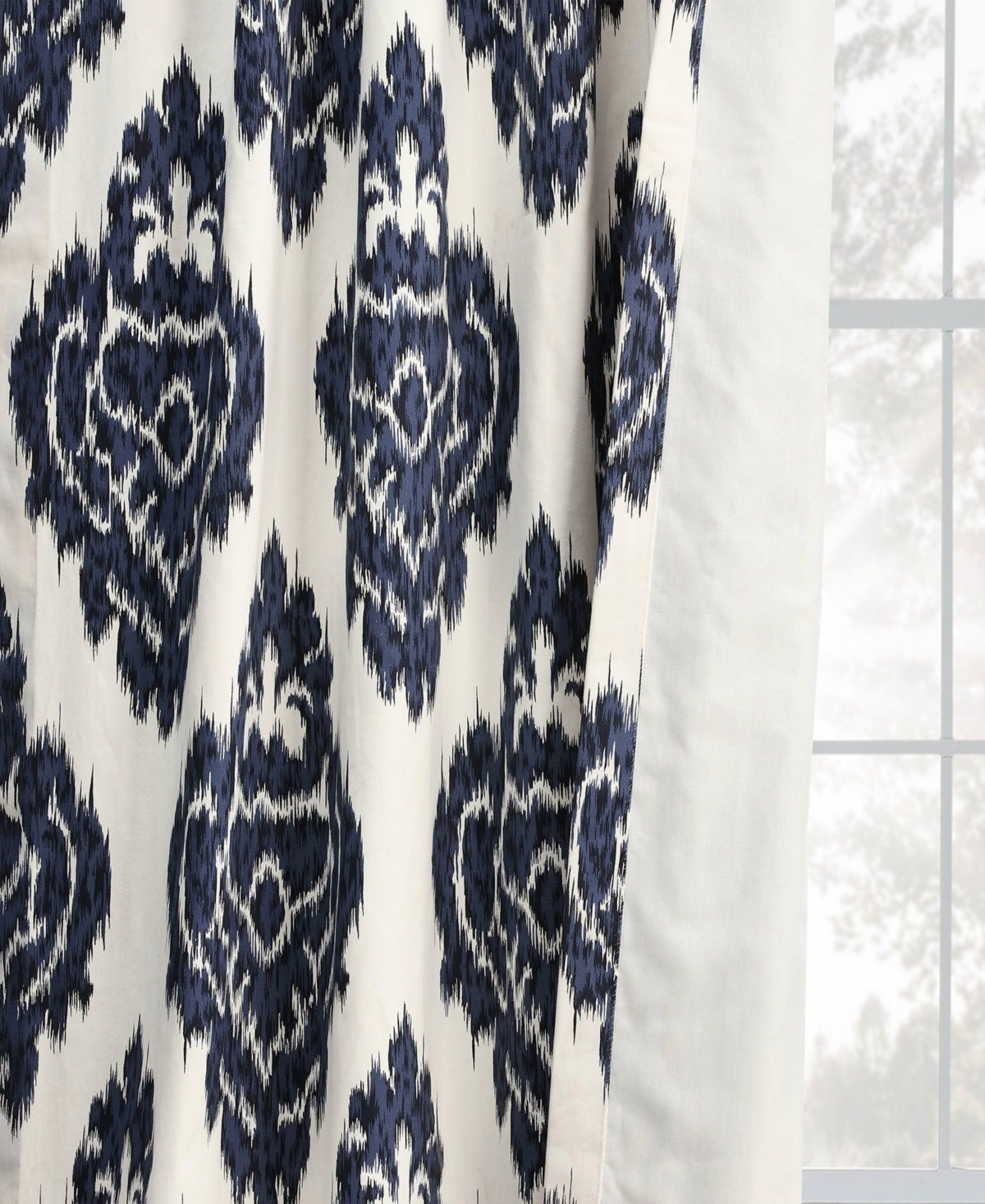 Half Price Drapes Ikat Blue Damask Printed Cotton Room Darkening Curtain