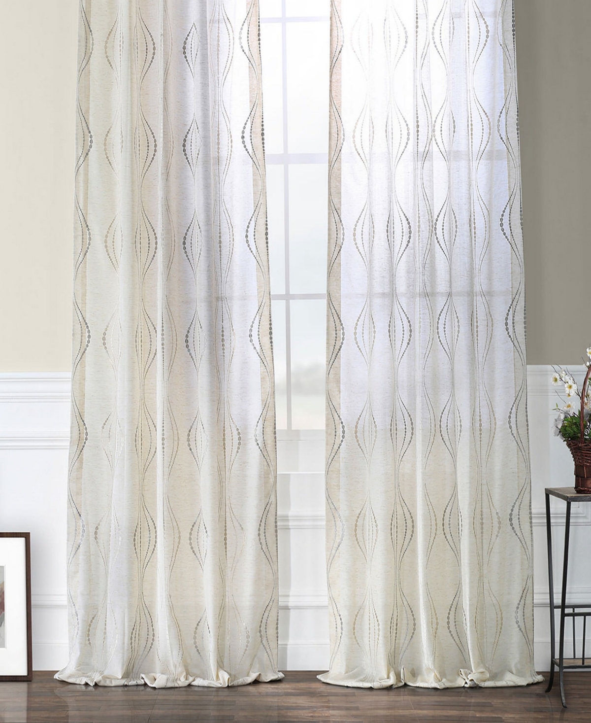 HALF PRICE DRAPES SUEZ NATURAL EMBROIDERED STRIPED PATTERNED FAUX LINEN SHEER CURTAIN 