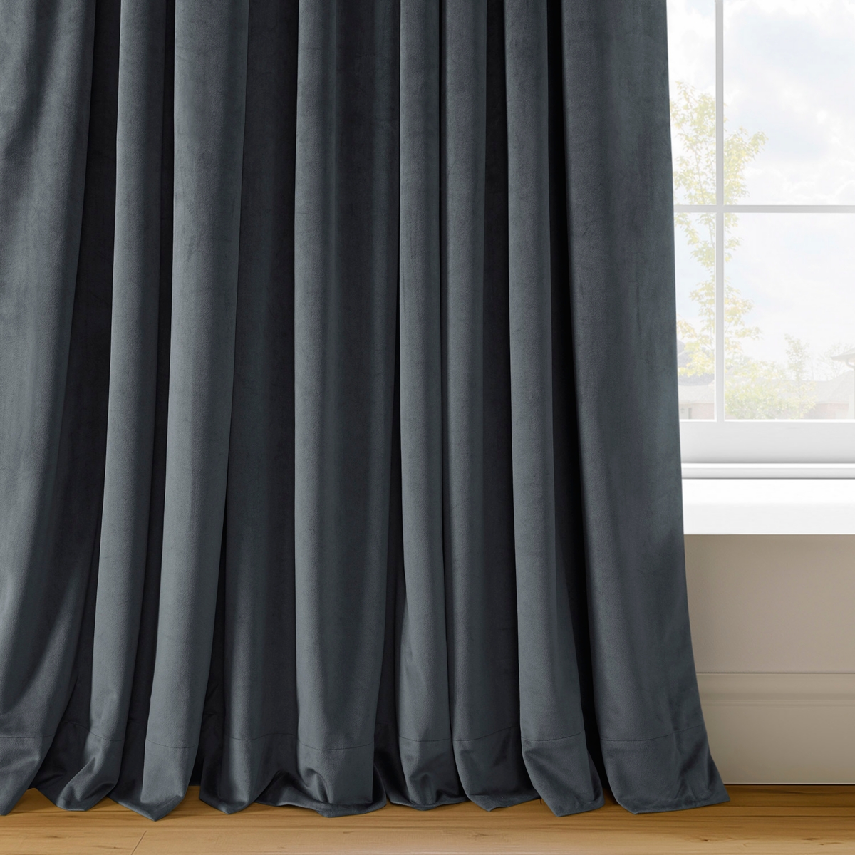 Half Price Drapes Distance Blue Grey Signature Velvet Blackout Curtain