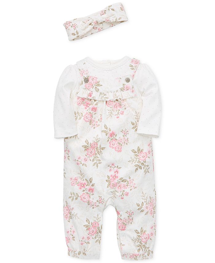 Little Me Baby Girls 3-Pc. Floral-Print Headband, Overalls & Dot-Print ...