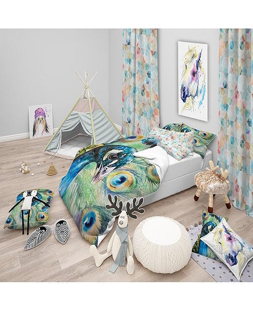 Design Art Designart Larger Peacock Watercolor Modern Kids Duvet
