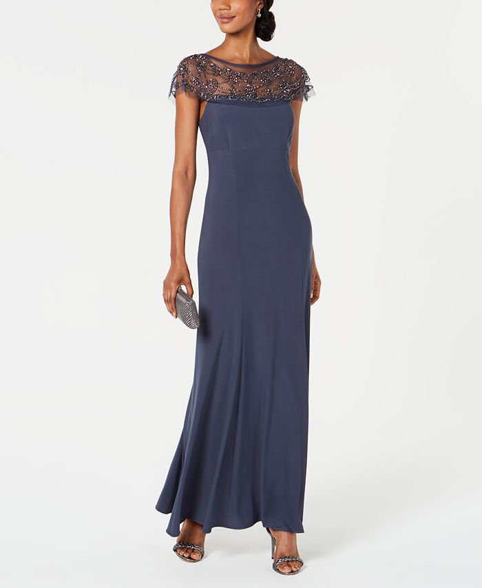 Women's Illusion Beaded-Trim A-Line Gown