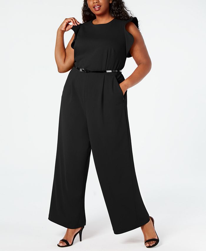 Calvin Klein Plus Size Belted Ruffled Jumpsuit - Macy's