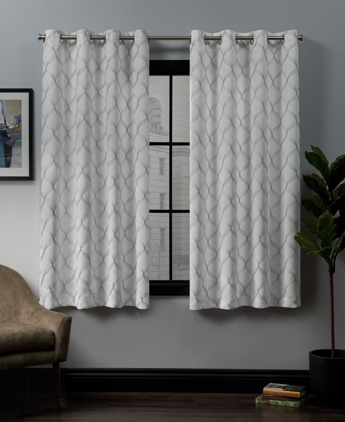 Amelia Embroidered Woven Blackout Grommet Top Curtain Panel Pair, 52" x 63" - White