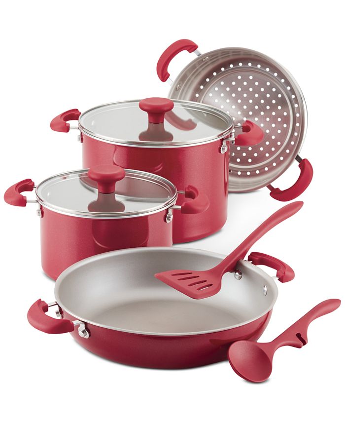 Tasty Cast Aluminum Cookware Set with Smart Heat Base, Dishwasher Safe,  Red, 10 Piece