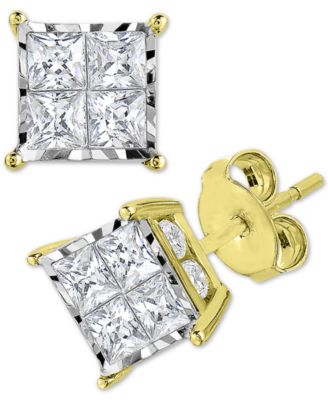 Macy's - &reg; Diamond (1/2, 1 or 2 ct. t.w.) Princess Cluster Stud Earrings in 14k Gold
