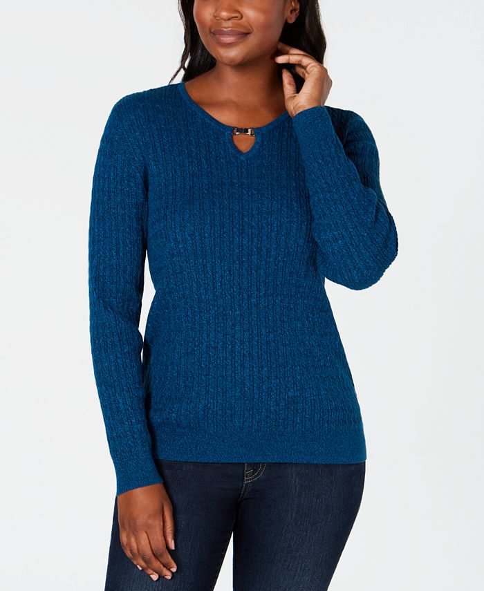 Karen Scott Petite Cotton Cable-Knit Keyhole Sweater, Created for Macy ...