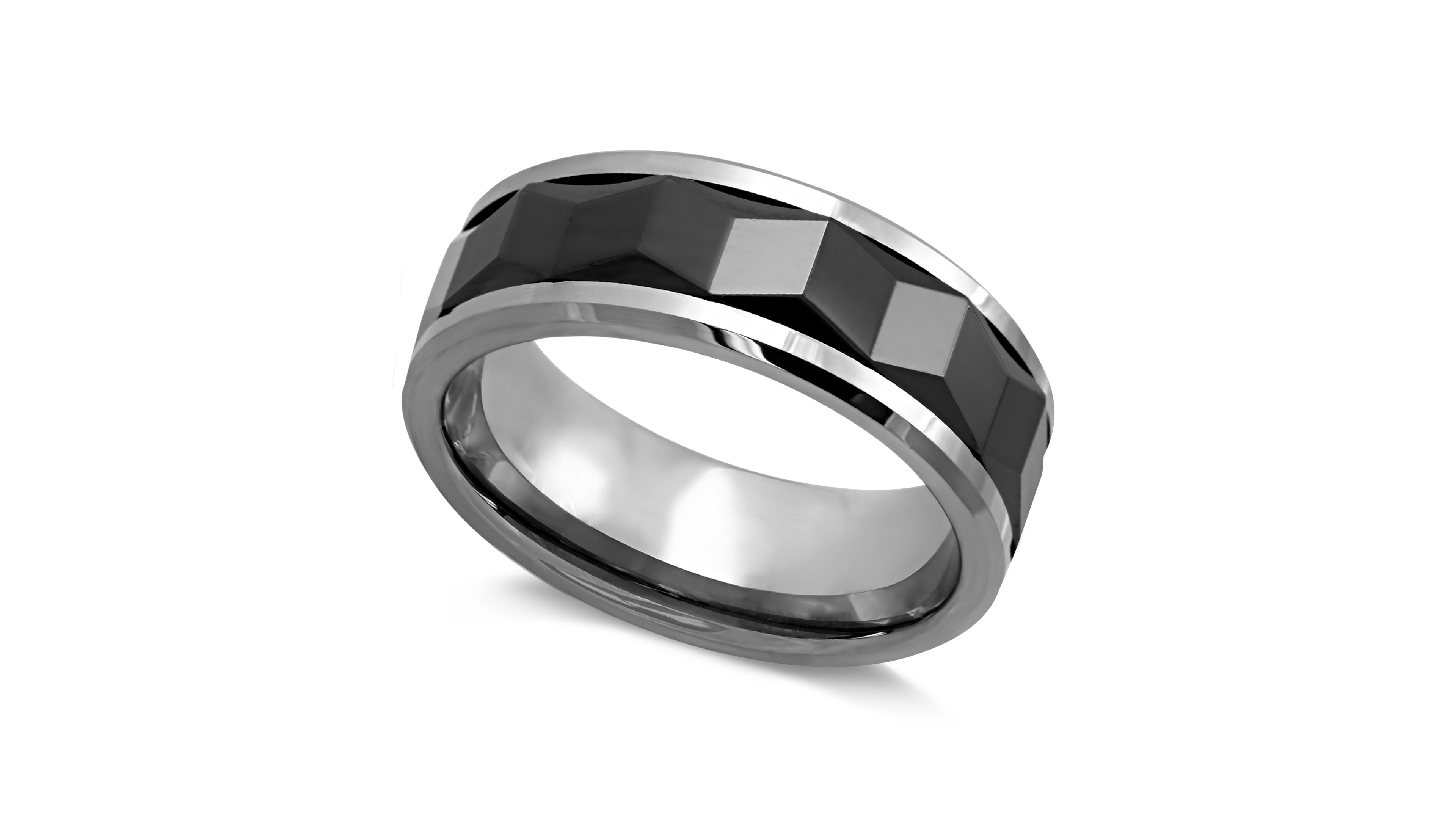 Men's Stainless Steel Ring, Black Ceramic Ridged Ring