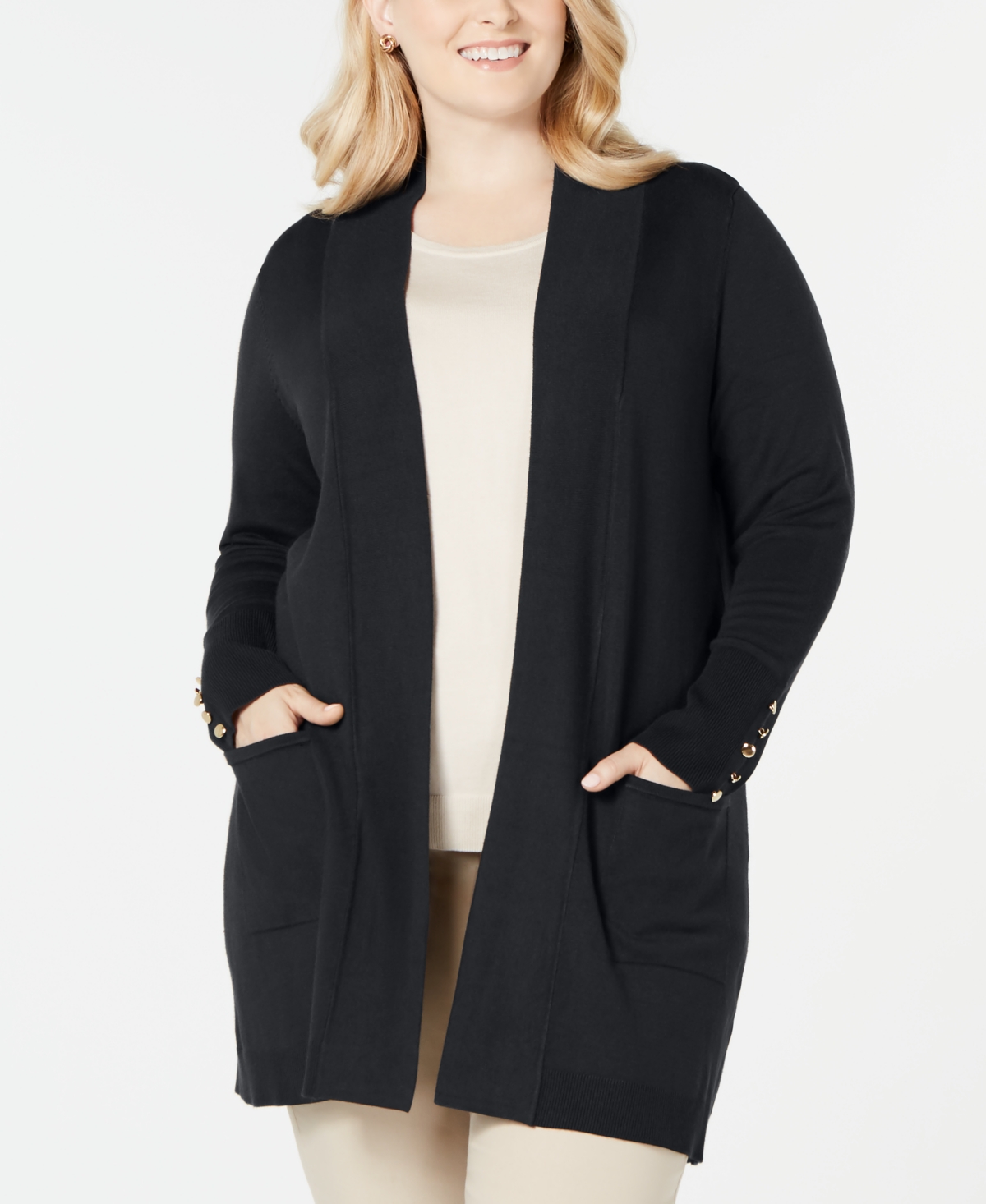 Jm Collection Plus Size Button Sleeve Flyaway Cardigan Sweater