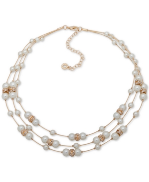 image of Anne Klein Gold-Tone Beaded Three-Row Necklace, 16