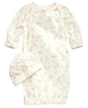 image of Little Me Baby Girls Vintage Rose-Print Gown & Beanie Set