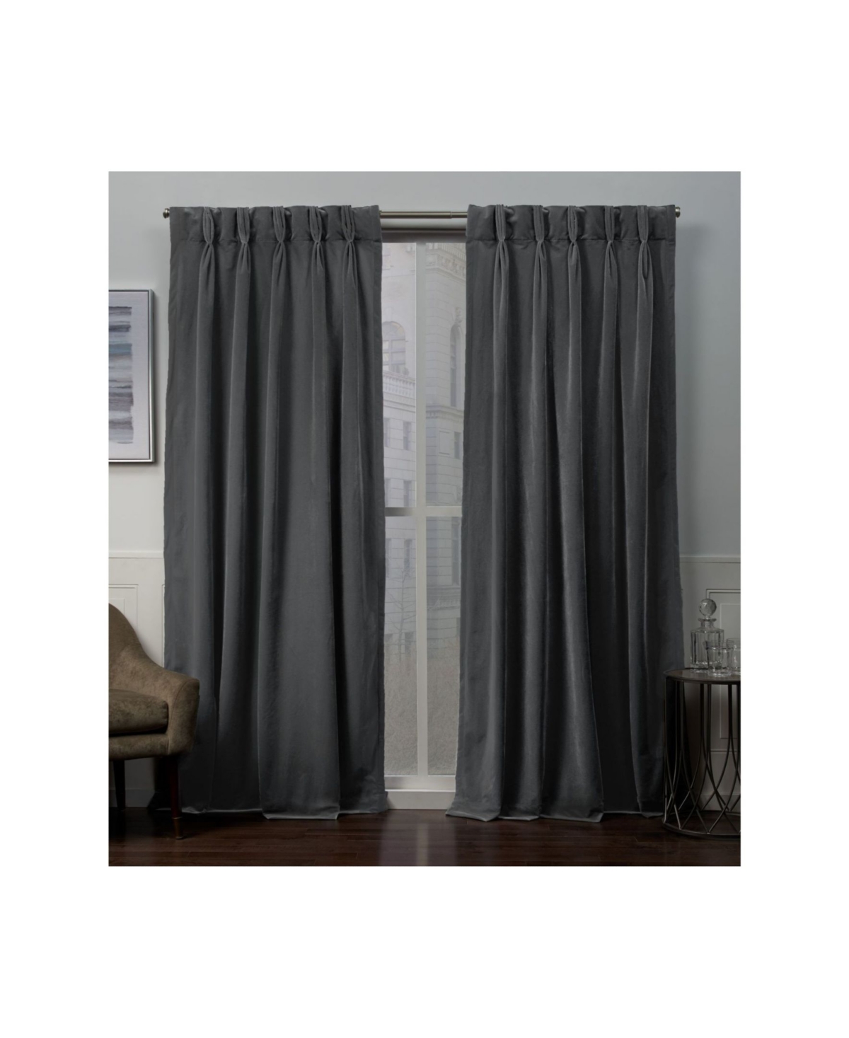 Curtains Velvet Heavyweight Pinch Pleat Curtain Panel Pair, 27" x 108" - Medium Gre