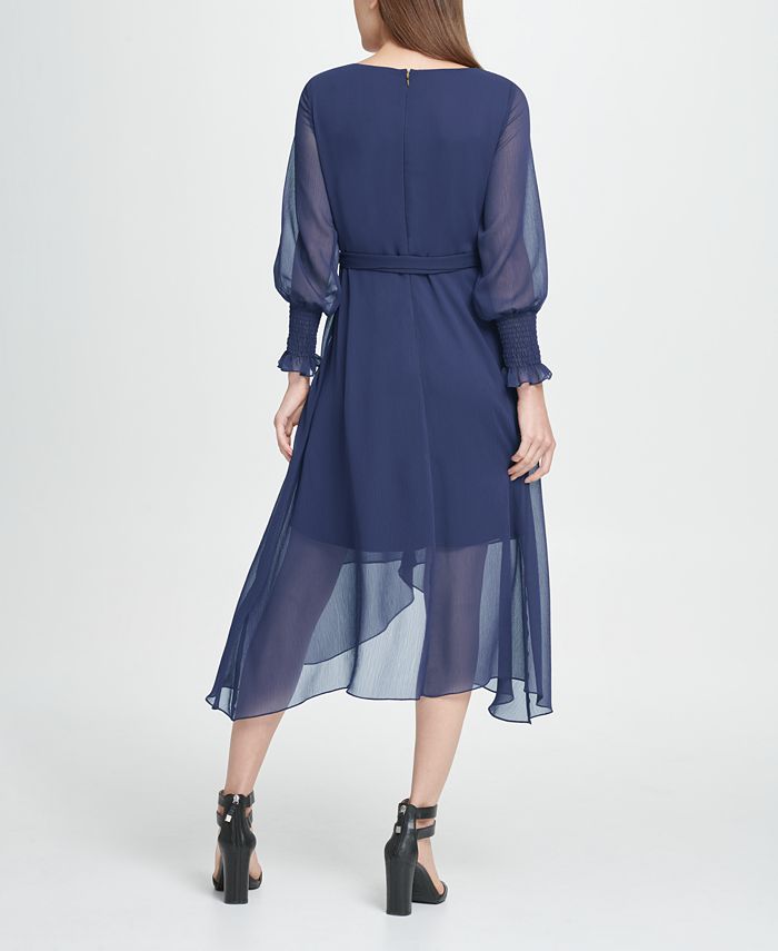 DKNY Smocked Cuff Georgette Midi Dress - Macy's