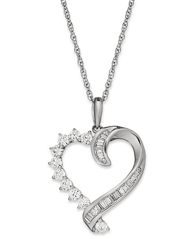 Diamond Baguette Swirl Heart Pendant Necklace in 10k White Gold (1/2 ct ...
