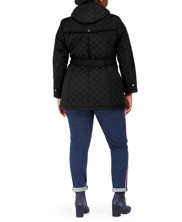 Tommy Hilfiger Plus Size Belted Hooded Water-Resistant Quilted Coat ...