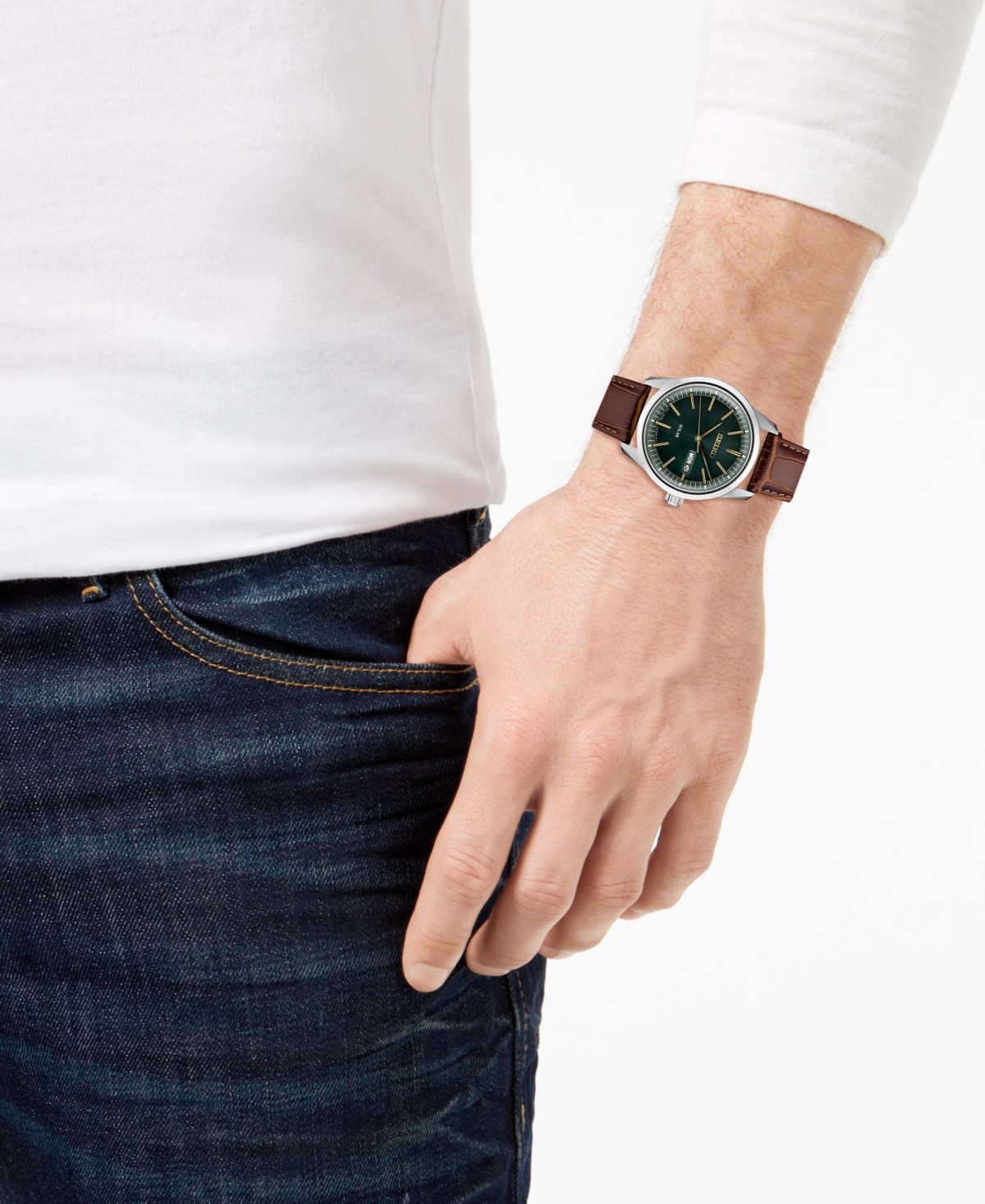 Мужские часы Seiko Solar Essentials с коричневым кожаным ремешком 40мм — фото 3
