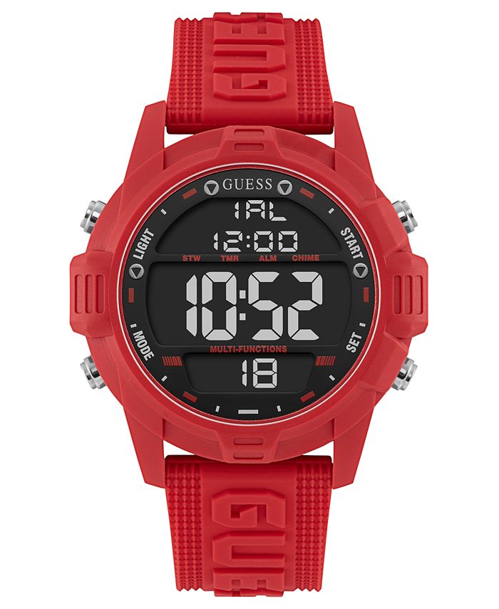 GUESS Men's Digital Red Silicone Strap Watch 48mm Macy's