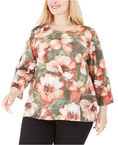 Alfred Dunner Plus Size Cedar Canyon Embellished Floral Print Top