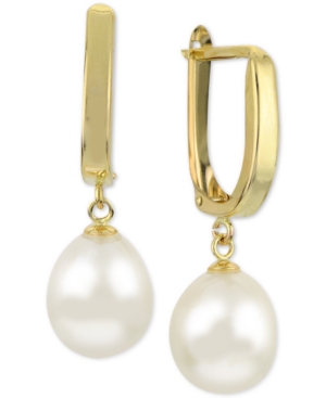 image of Cultured Freshwater Pearl (9mm) Leverback Drop Earrings in 14k Gold