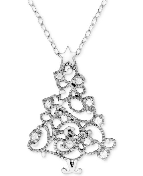 Macy's Diamond (1/10 ct. t.w.) Christmas Tree 18" Pendant Necklace in