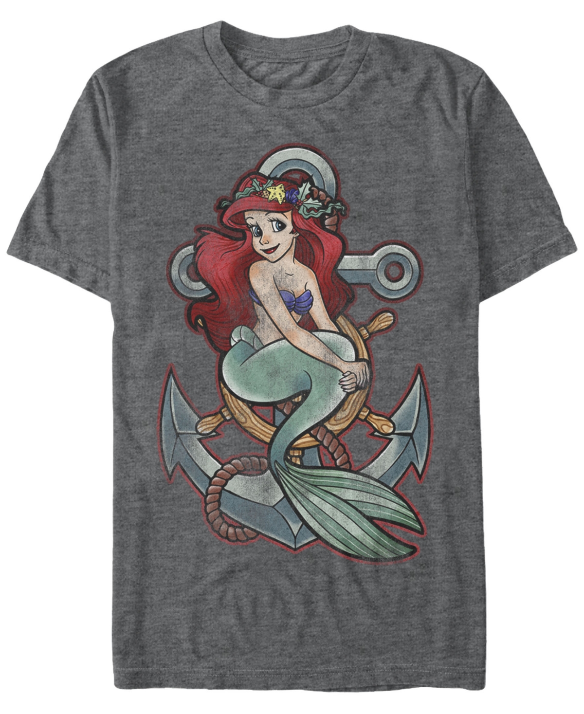 Disney Men's The Little Mermaid Ariel Vintage Anchor Tattoo Style Short Sleeve T-Shirt - Charcoal H
