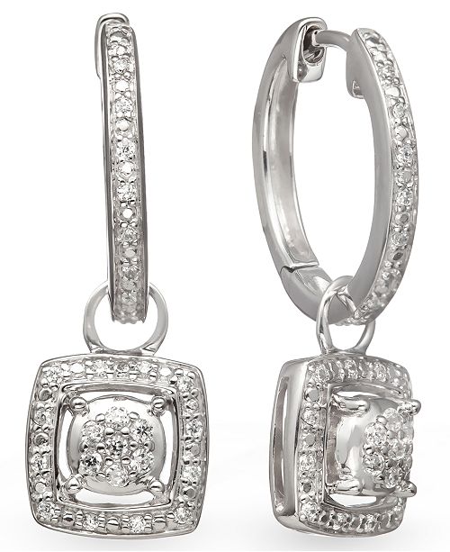 Macy's Diamond Square Charm Hoop Earrings in Sterling Silver (1/5 ct. t