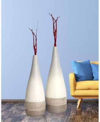 Spun Bamboo and Coiled Seagrass Patterned Vase, Set of 2