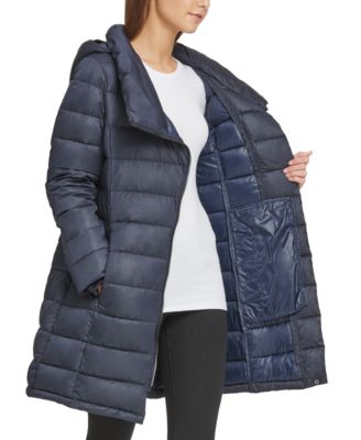 dkny asymmetrical puffer coat with fur hood