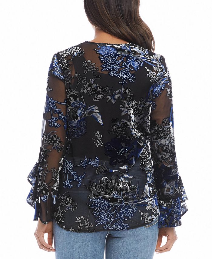 KAREN KANE Womens Embroidered Ruffle Sleeve Jewel Neck Blouse