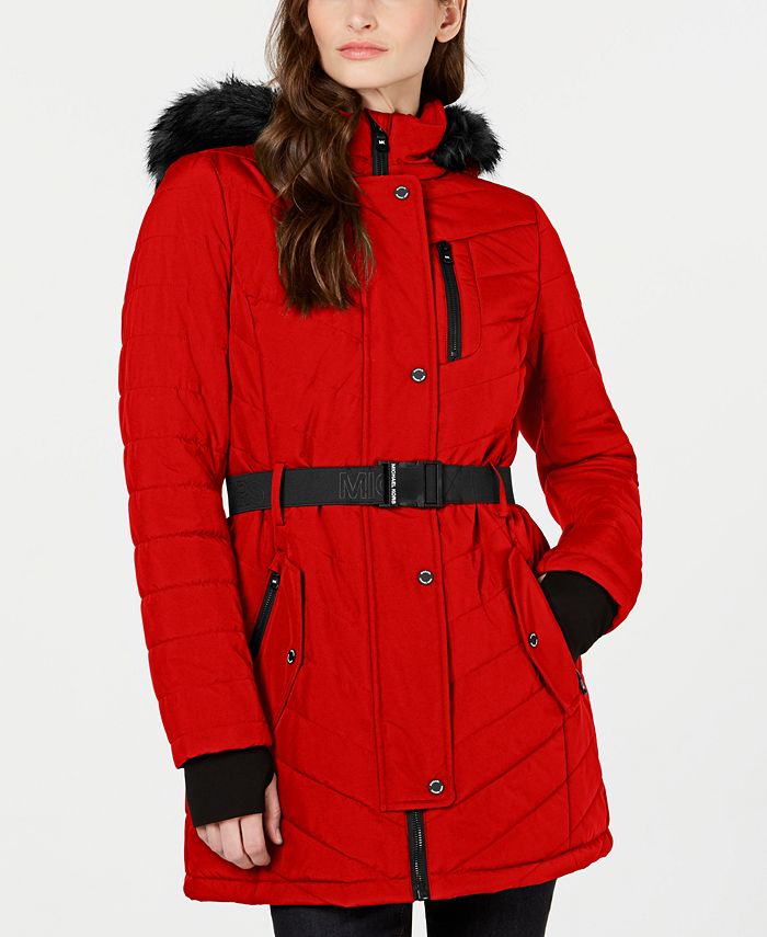 Michael Kors Active Belted Hooded Faux-Fur-Trim Puffer Coat 