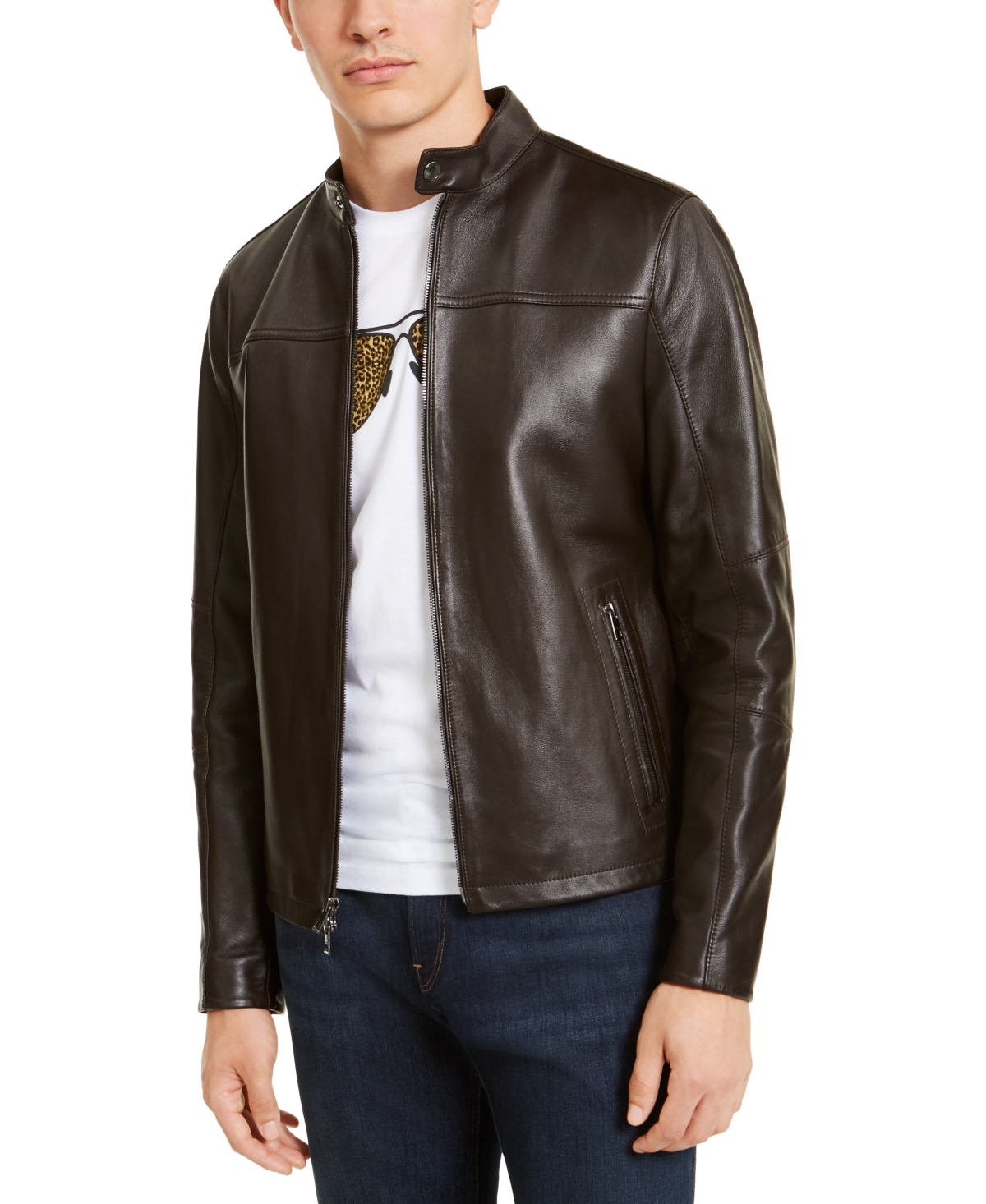 Men's Leather Racer Jacket, Created for Macy's - Chocolate
