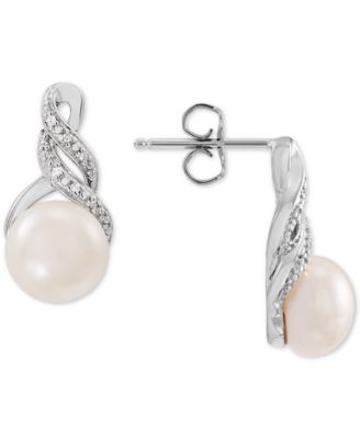 Cultured Freshwater Pearl (8 & 9mm) and Diamond Accent Pendant Necklace and Earrings Set in Sterling Silver or 14k Gold Over Silver