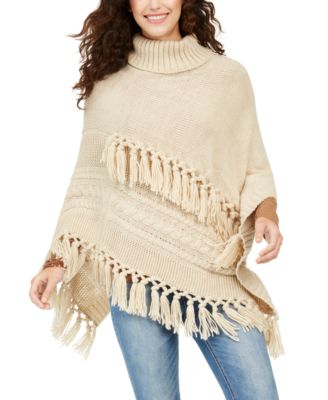 Steve Madden - Turtleneck Cable-Knit Poncho With Fringe