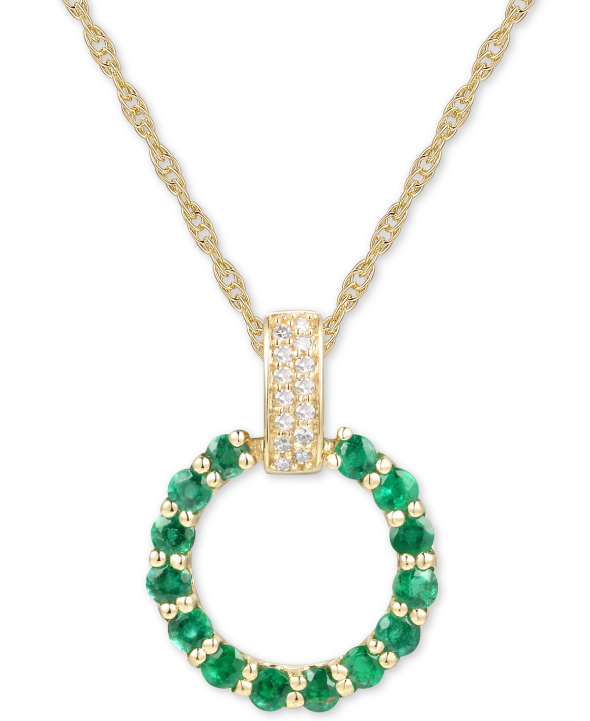 Macy's Gemstone & Diamond (1/20 Ct. T.w.) Circle 18" Pendant Necklace In 14k Gold In Emerald,yellow Gold