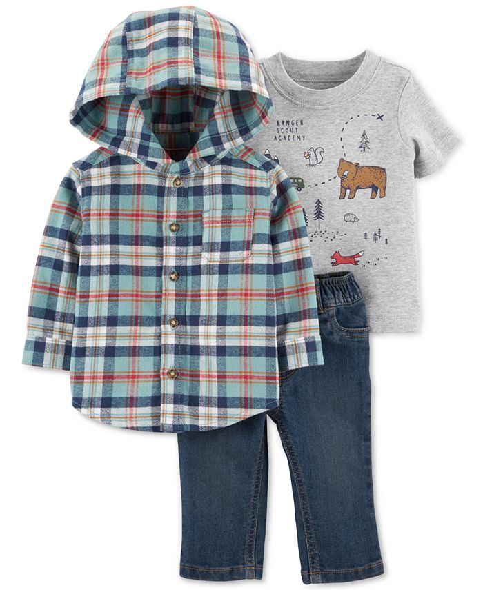 Carter's Baby Boys 3Pc. Plaid Flannel Hooded Top, GraphicPrint T