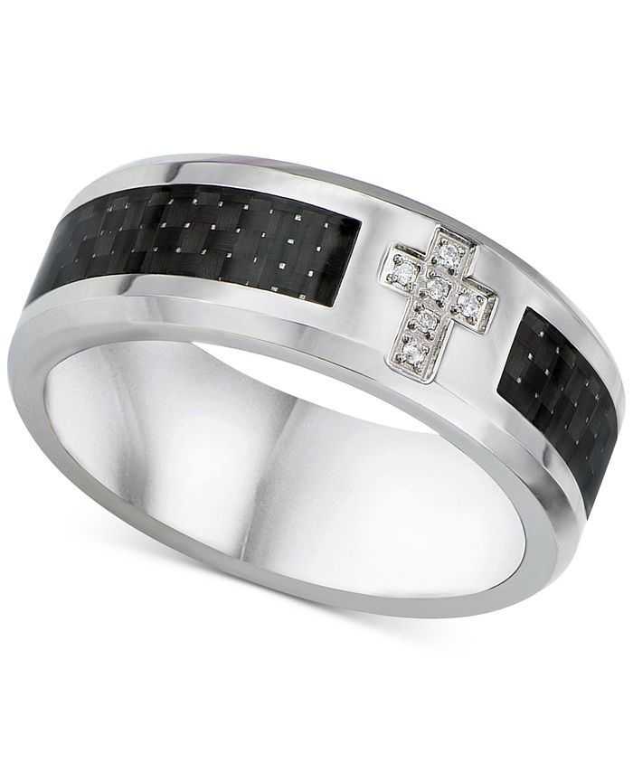 Macy's Men's Diamond Accent & Carbon Fiber Band in Sterling Silver ...