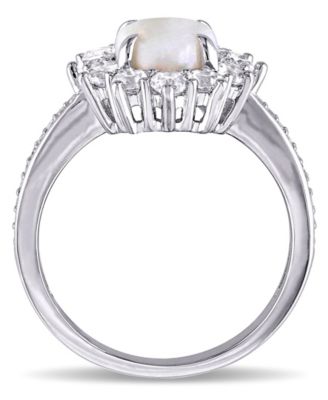 Oval Cut Opal (1 ct. t.w.), White Topaz (1 ct. t.w.) and Diamond (1/10 ct. t.w.) Halo Ring in Sterling Sterling Silver