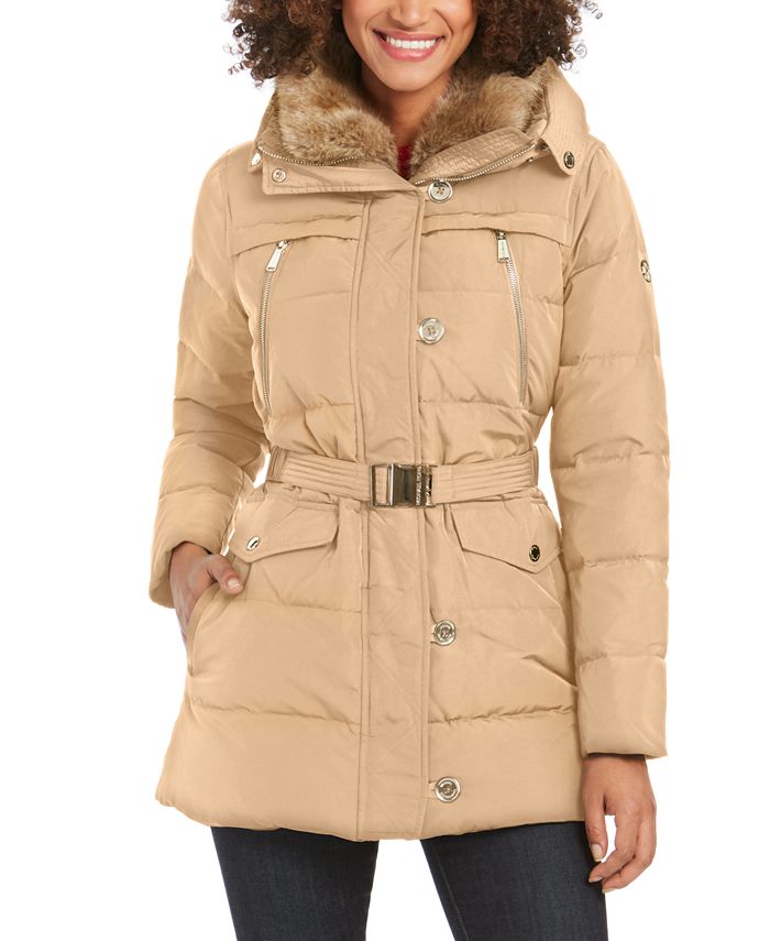 Michael Kors Belted Faux-Fur Collar Down Hooded Down Coat & Reviews ...