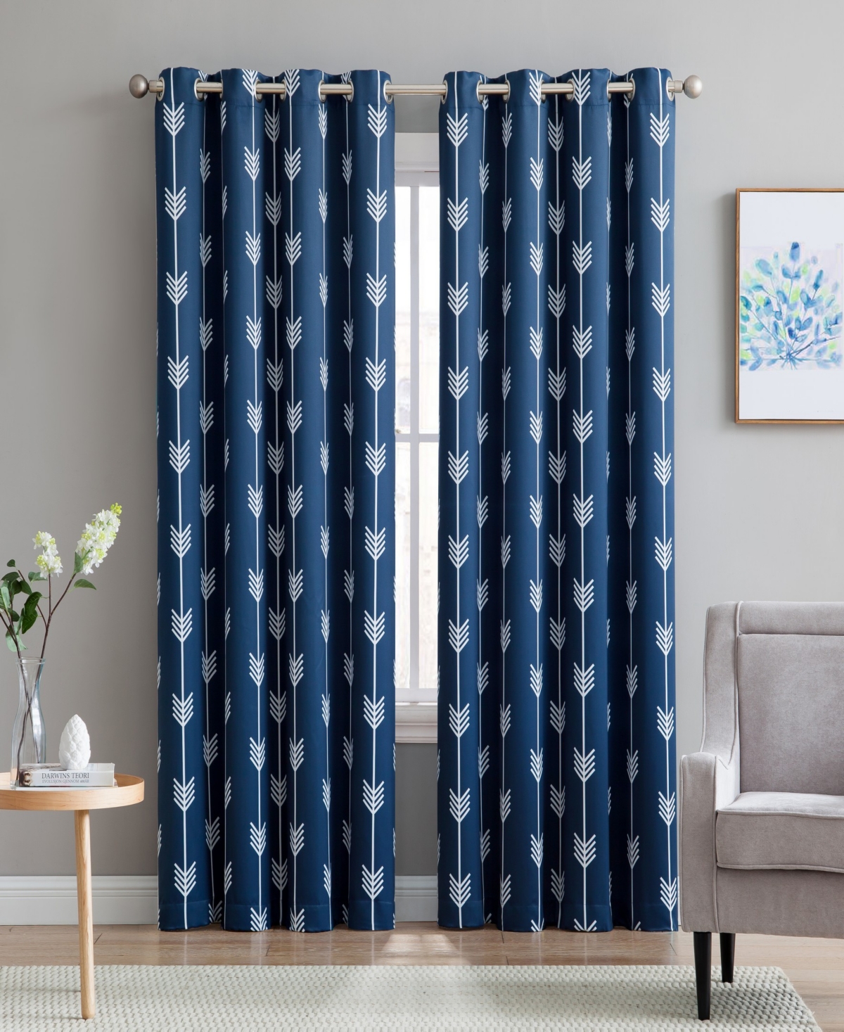 Arrow Printed Privacy Blackout Energy Efficient Room Darkening Thermal Grommet Window Curtain Drape Panels for Bedroom - Set of 2 - Navy blue