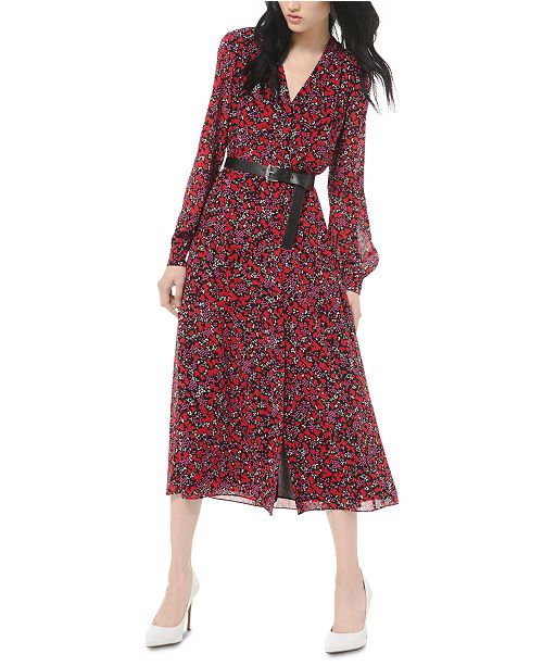 Michael Kors Printed Belted Midi Dress & Reviews - Dresses - Women - Macy&#39;s