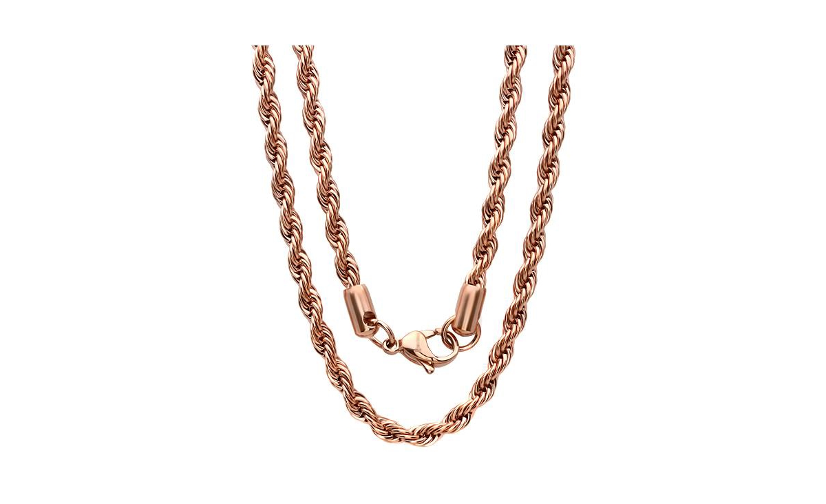 Men's 18k Rose gold Plated Stainless Steel Rope Chain 30" Necklace - Rose Gold