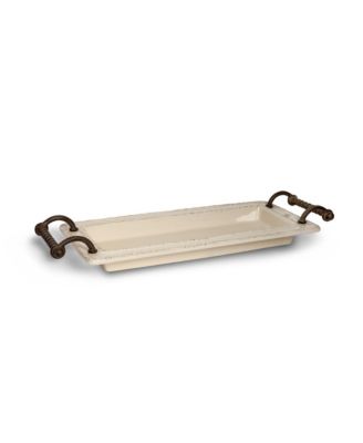 The GG Collection - 21.5-Inch Long Cream Ceramic Tray with Provencial Styled Braided Metal Handles