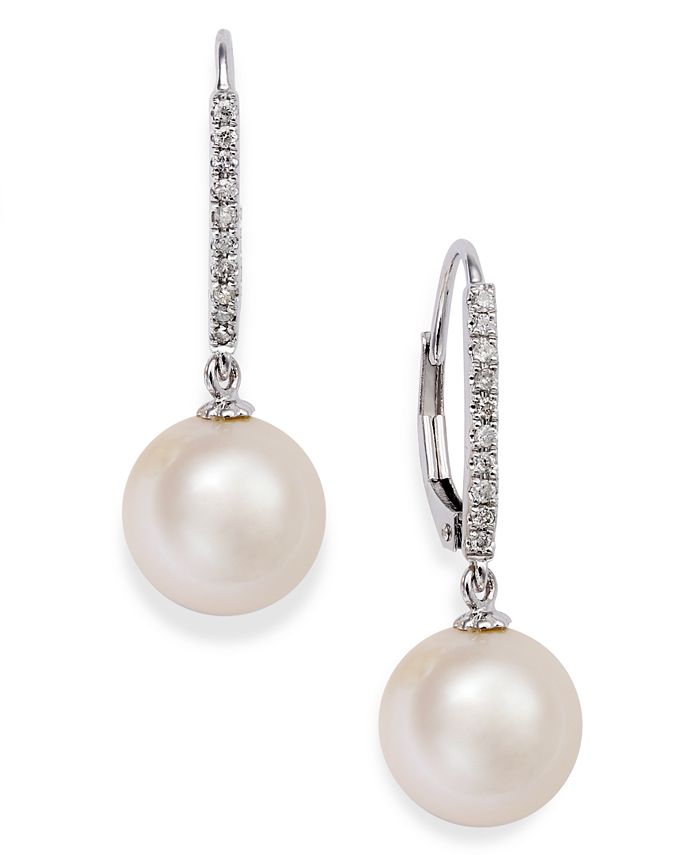 14K White Gold & Yellow Gold Diamond-Accented 8mm-8.5mm AAAA White  Freshwater Cultured Pearl Lever-Back Bridal Dangle Drop Earrings (.085ctw,  GH