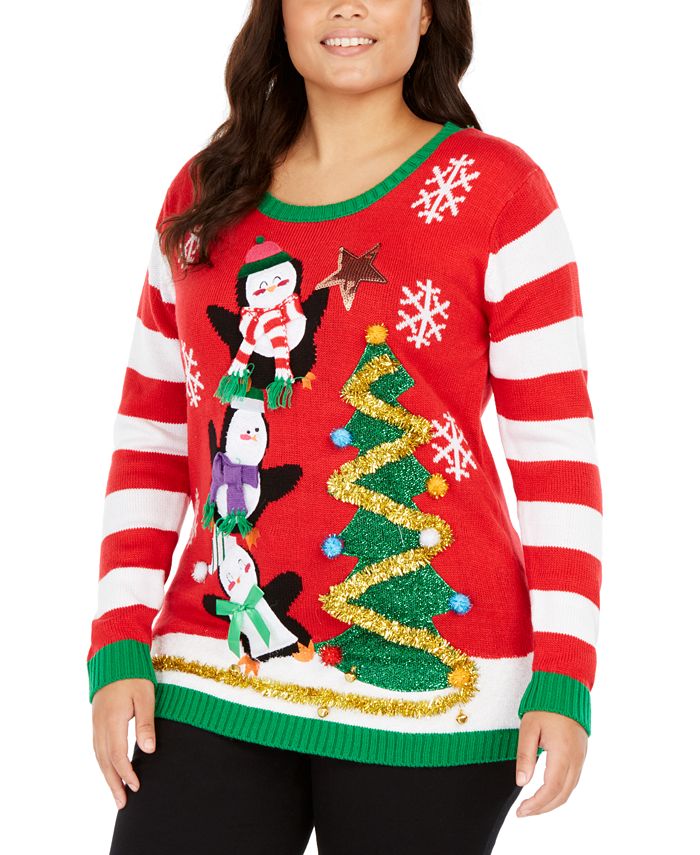 Planet Gold Trendy Plus Size Embellished Holiday Penguins Sweater ...
