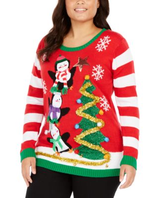 Planet Gold Trendy Plus Size Embellished Holiday Penguins Sweater - Macy's