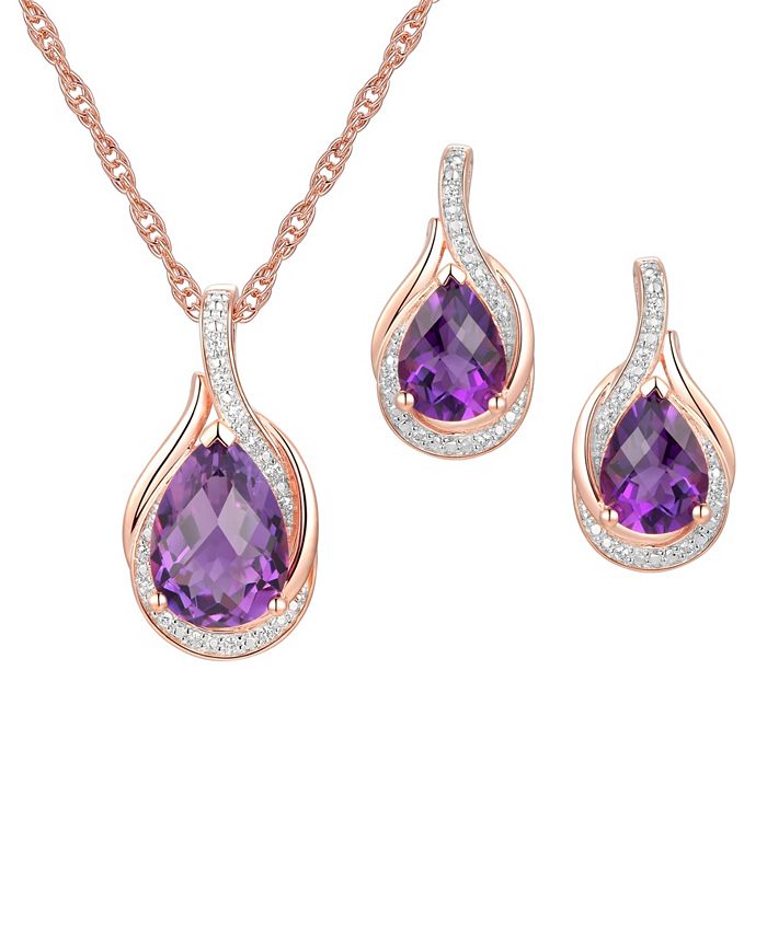 Macy's - 2-Pc. Set Amethyst (3-1/2 ct. t.w.) & Diamond (1/20 ct. t.w.) Pendant Necklace & Matching Stud Earrings in 14k Rose Gold-Plated Sterling Silver