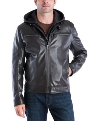 black leather hooded jacket