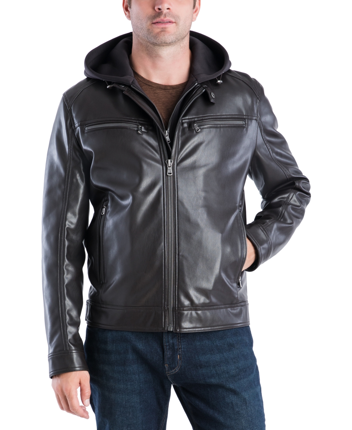 Michael Kors Men's Faux-leather Hooded Bomber Jacket, Created For Macy's In Black